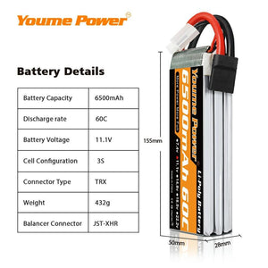 
                  
                    Load image into Gallery viewer, 1PCS 3S 6500mah 60C RC LIPO Battery - Youme Power
                  
                