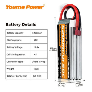 
                  
                    Load image into Gallery viewer, 1PCS 4S Lipo 14.8V 5200mah RC LIPO Battery - Youme Power
                  
                