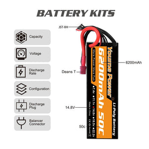 
                  
                    Load image into Gallery viewer, 1PCS 4S 14.8V 6200mah RC LIPO Battery - Youme Power
                  
                